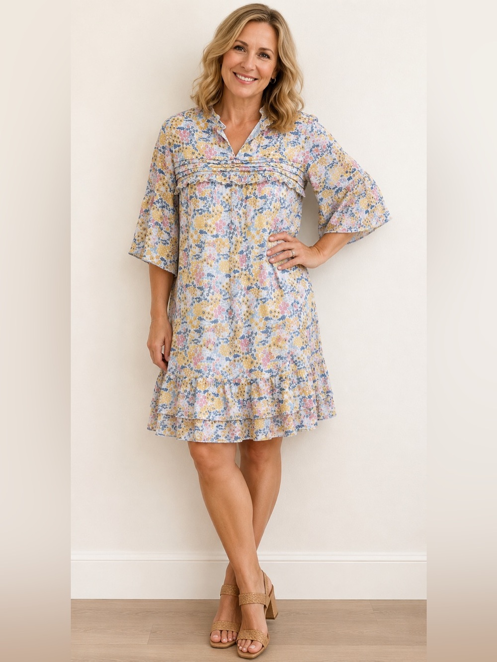 DownEast Pastel Floral Shift Dress - Yellow, Blue & Pink